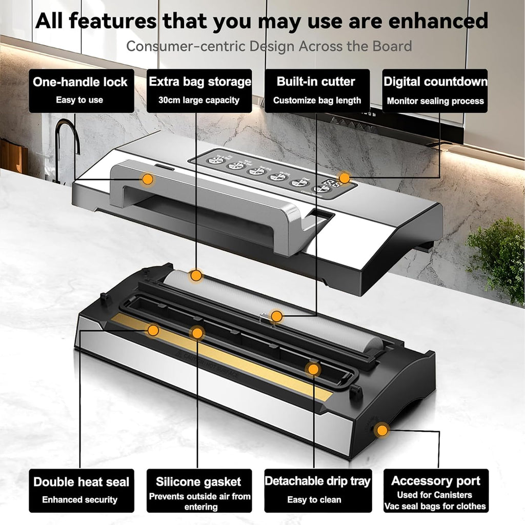 Upgraded Dry & Moist Food Modes Food Vacuum Sealer, Commercial-Grade Vacuum Sealer Machine, Dual-Seal Technology, One-Touch Operation & Built-In Bag Storage & Cutter, Includes 2 Rolls & Accessory Hose
