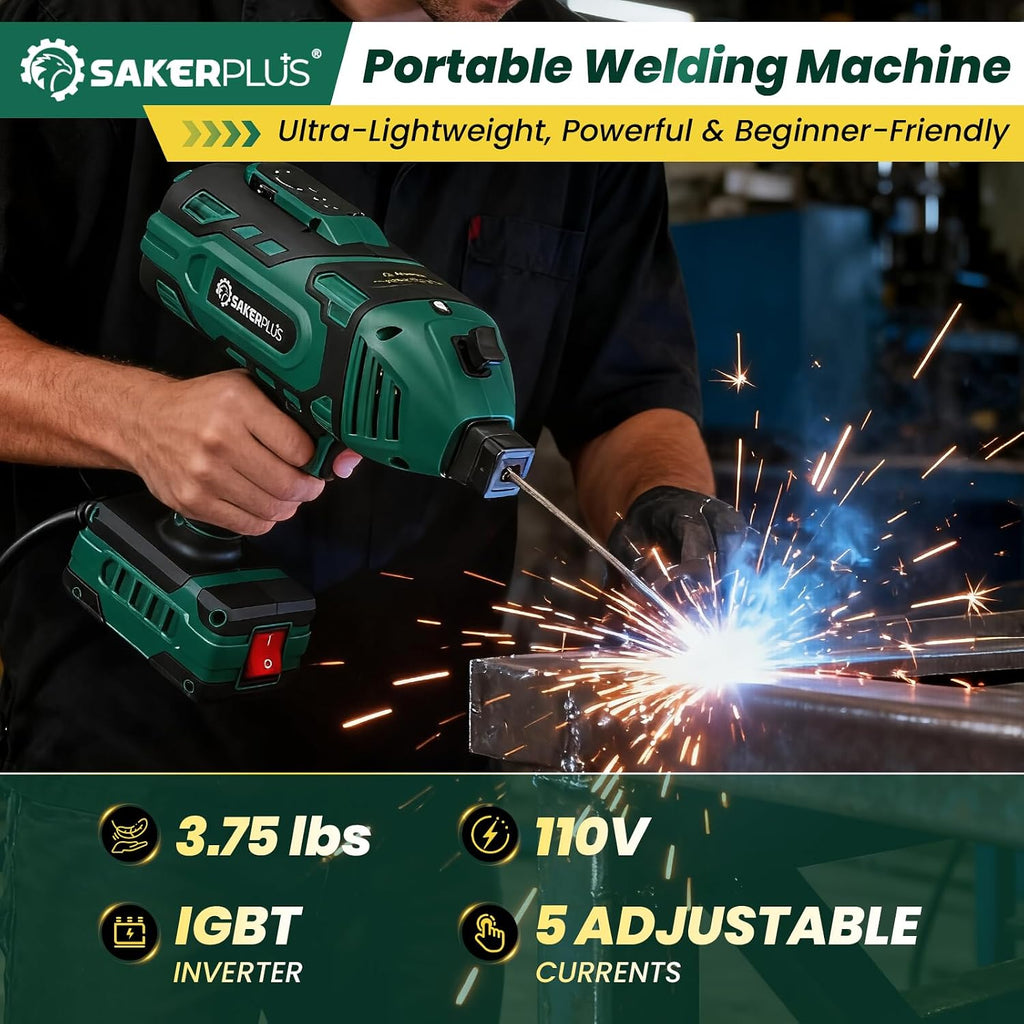 Sakerplus Portable Welding Machine-110V Handheld ARC Welder with 5-Level Current Adjustment, IGBT Inverter Technology, Helmet, Safety Goggles & Carrying Case Included(Green, 25pc Wire Rods)