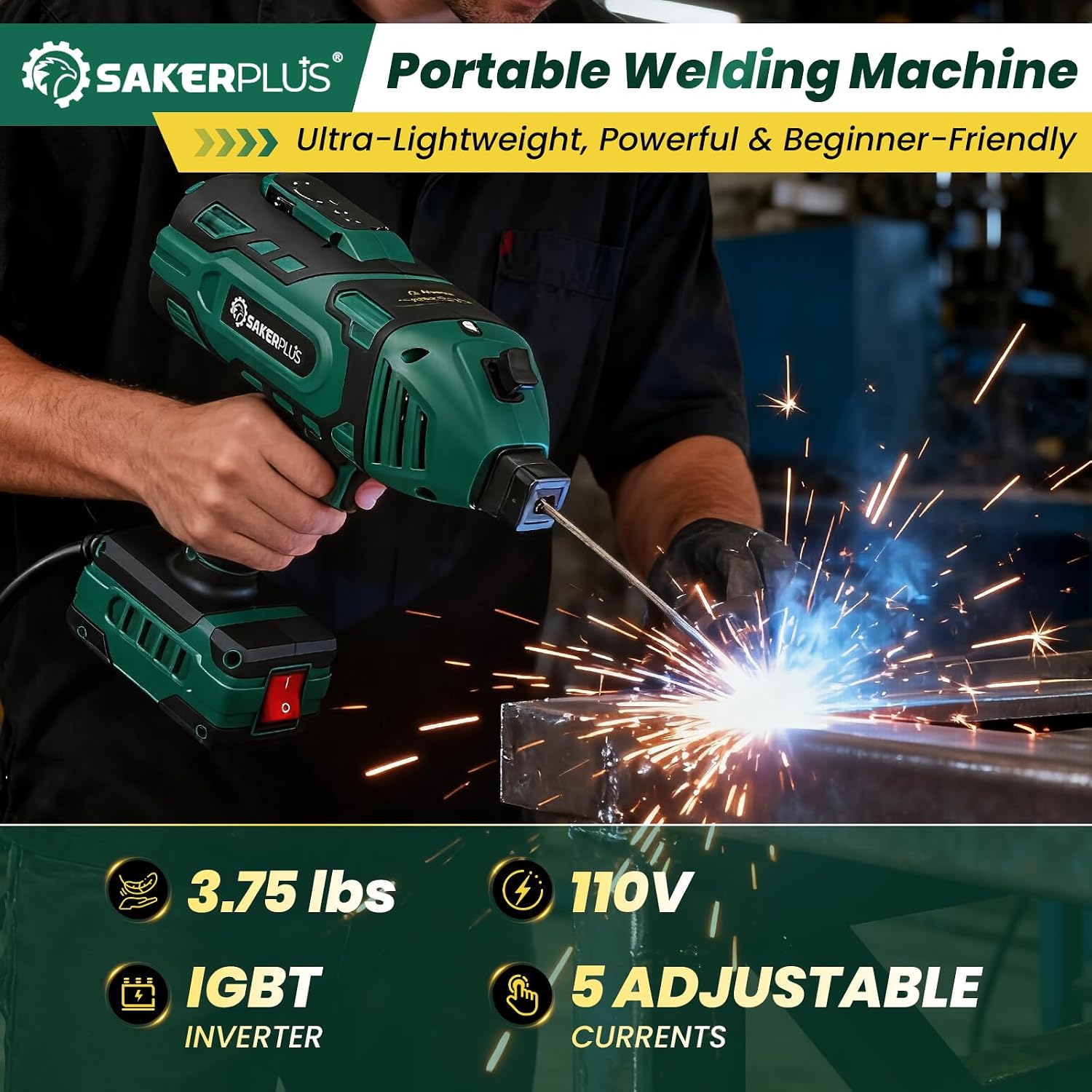 Sakerplus Portable Welding Machine-110V Handheld ARC Welder with 5-Level Current Adjustment, IGBT Inverter Technology, Helmet, Safety Goggles & Carrying Case Included(Green, 25pc Wire Rods)