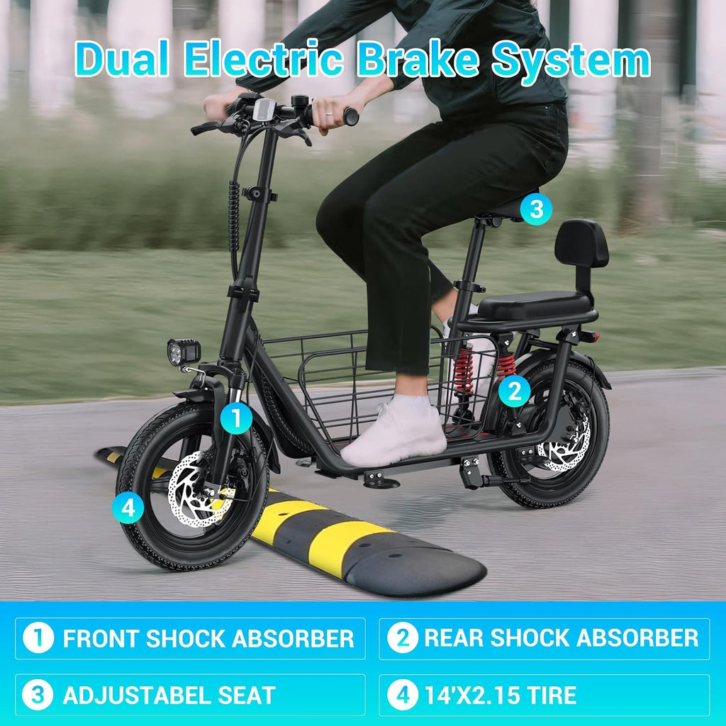 SEHOMY 2 Seater Electric Scooter for Adults 330lbs, Folding Escooters with Seat, 850W Peak Motor, 25/20 Miles Range, 22/15.5 MPH, Storage Basket, Electronic City Commuter Bike Motor Scooters