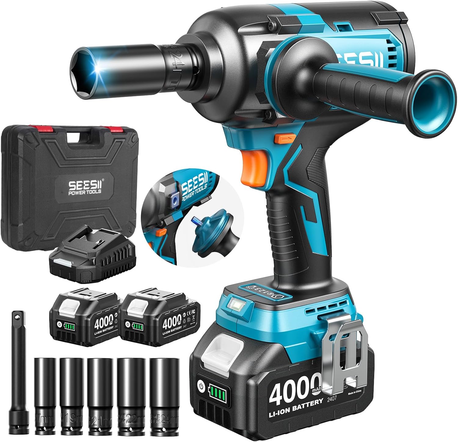 Seesii Upgraded Cordless Impact Wrench 885Ft-lbs (1200N·m): 1/2' Impact Gun with Detachable Side Handle, 21V High Torque Power Impact Driver 2x 4.0Ah Batteries for Family Car/Pickup Truck/Mower