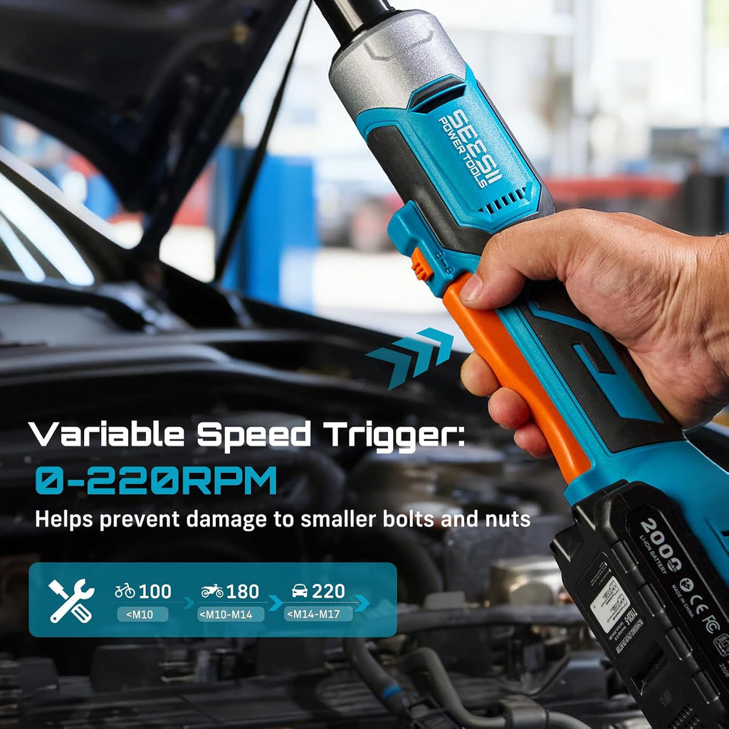 Cordless Electric Ratchet Wrench 3/8', 6' Extended Neck, 3-Speed Adjustable, 74 Ft-lbs Max Torque, 21V Power Brushless Ratchet with 2×2.0Ah Batteries & Fast Charger, 8 Sockets, 1/4'& 1/2' Adapter