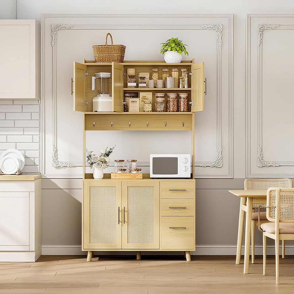 71' Tall Kitchen Pantry Cabinet with Storage, Freestanding Hutch Sideboard Buffet Cabinet with Rattan Door, 3 Drawers, 6 Hooks, Adjustable Shelves, Microwave Stand Countertop for Living Room