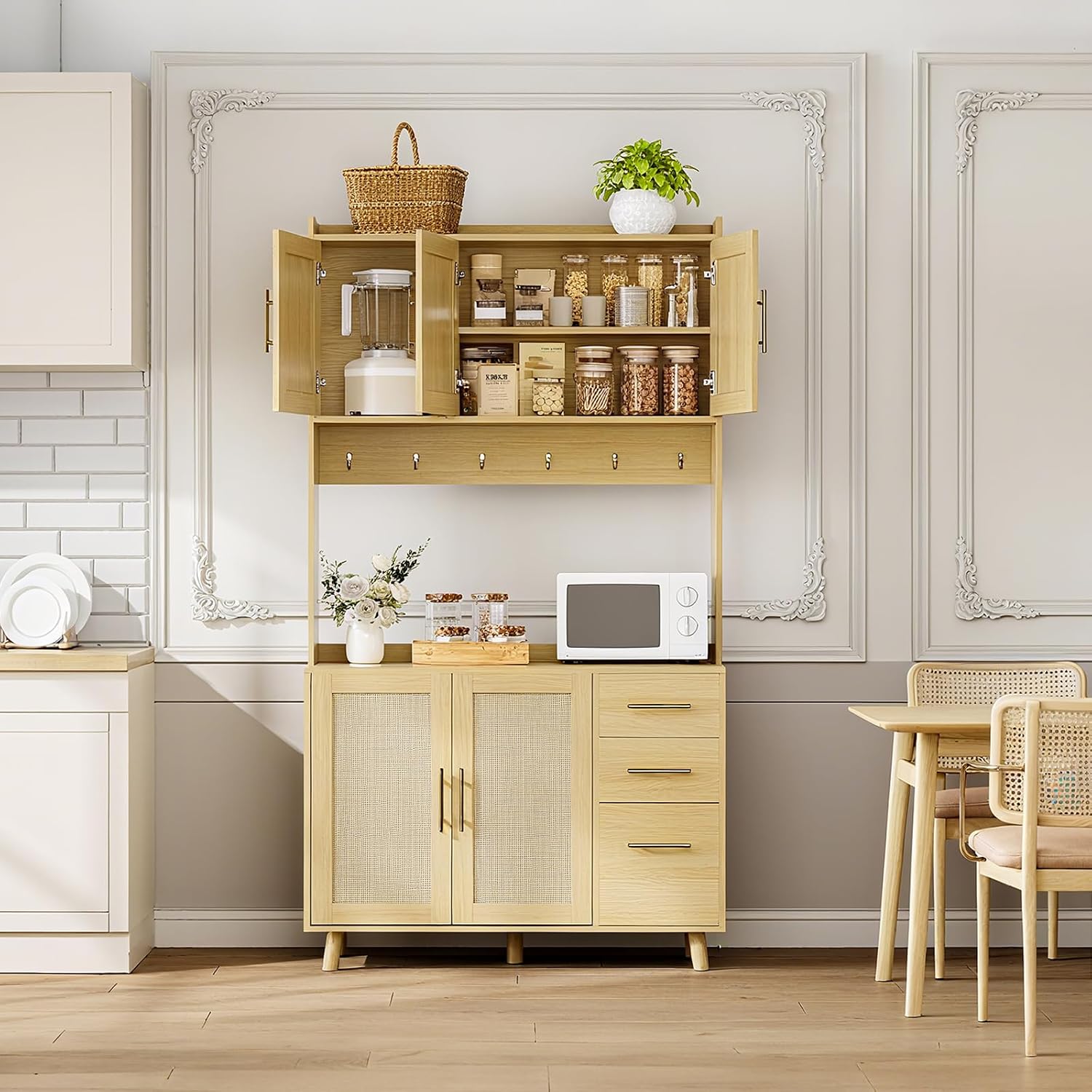 71' Tall Kitchen Pantry Cabinet with Storage, Freestanding Hutch Sideboard Buffet Cabinet with Rattan Door, 3 Drawers, 6 Hooks, Adjustable Shelves, Microwave Stand Countertop for Living Room