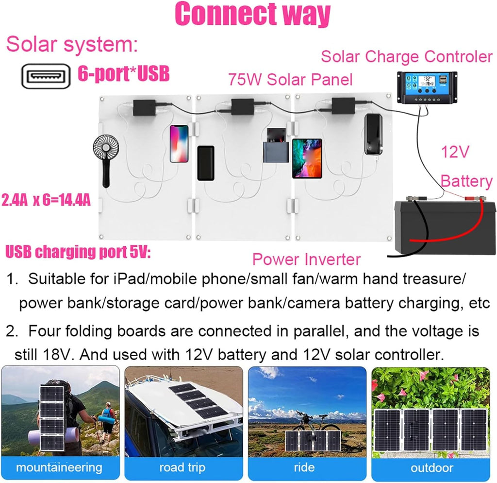 3000W Solar Power System Kit - 12V to 110V/220V Inverter, 75W Folding Solar Panel, 50A Charge Controller, Portable Solar Generator for Home & Off-Grid Use (Black)