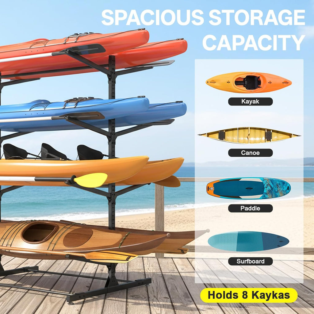 LotFun Kayak Storage Rack, Freestanding Heavy Duty Adjustable Kayak Stand Indoor Outdoor Storage Rack Garage, with Wheels and Foot Pad, for Kayaks, SUPs, Canoes, Surfboard (4 Levels for 8 Kayaks)