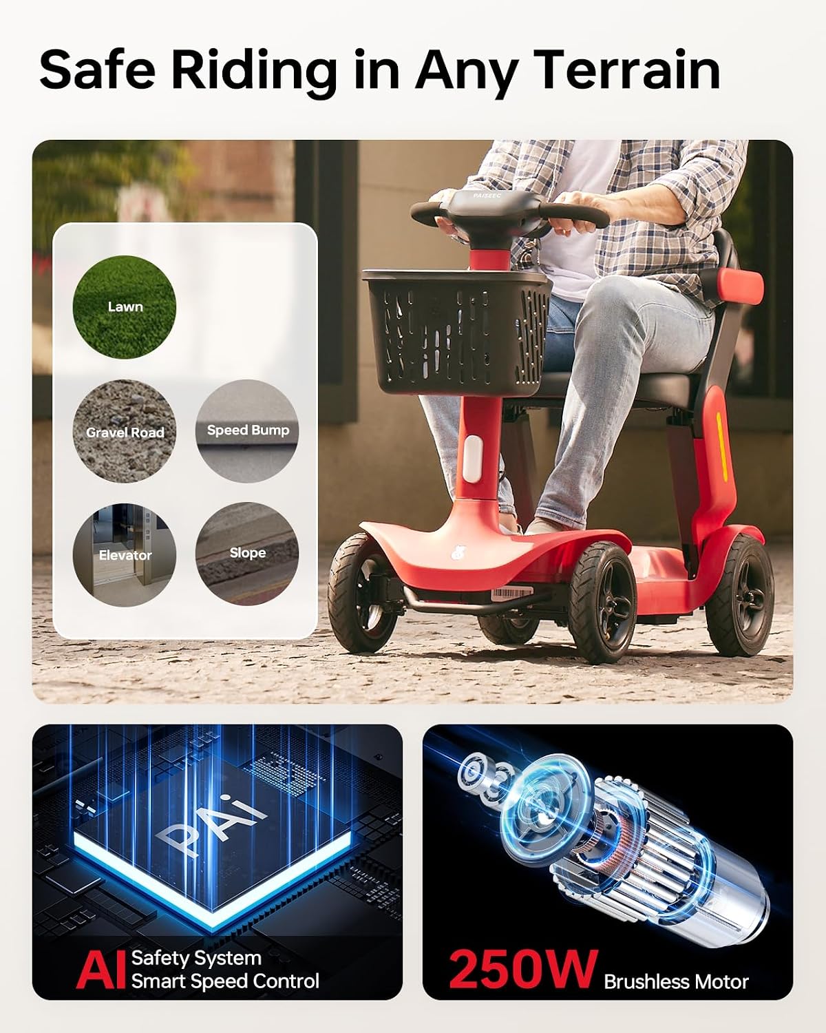 Paiseec Mobility Scooter for Adult, 25 Miles Endurance Lightweight Mobility Scooter, Folding Mobility Scooter for Adult, Powered Mobility Scooter All Terrain Motorized Scooter Collapsible