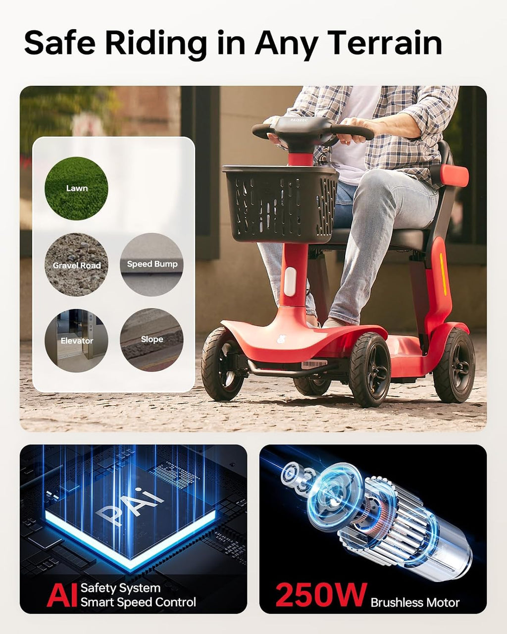 Paiseec Mobility Scooter S3 Pro 40 Miles, Airline Approved Mobility Scooter for Seniors, Intelligent Speed Control Foldable Mobility Scooters, 250W Powered All Terrain Mobility Scooters for Adults