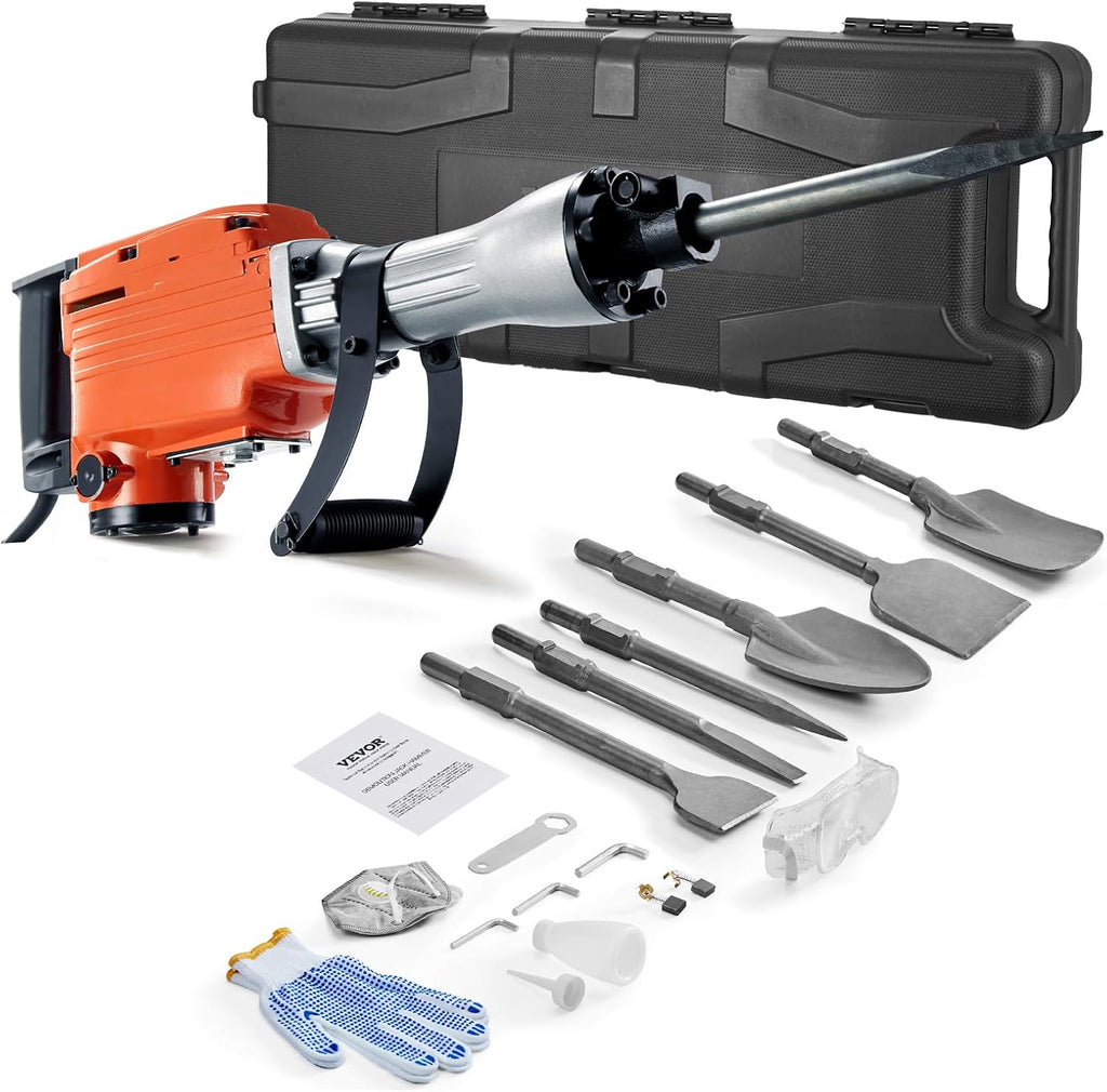 VEVOR Demolition Jack Hammer, MAX 2200W Electric Jackhammer Heavy Duty, 1350 BPM Concrete Breaker 6pcs Chisels Bit Chipping W/Case