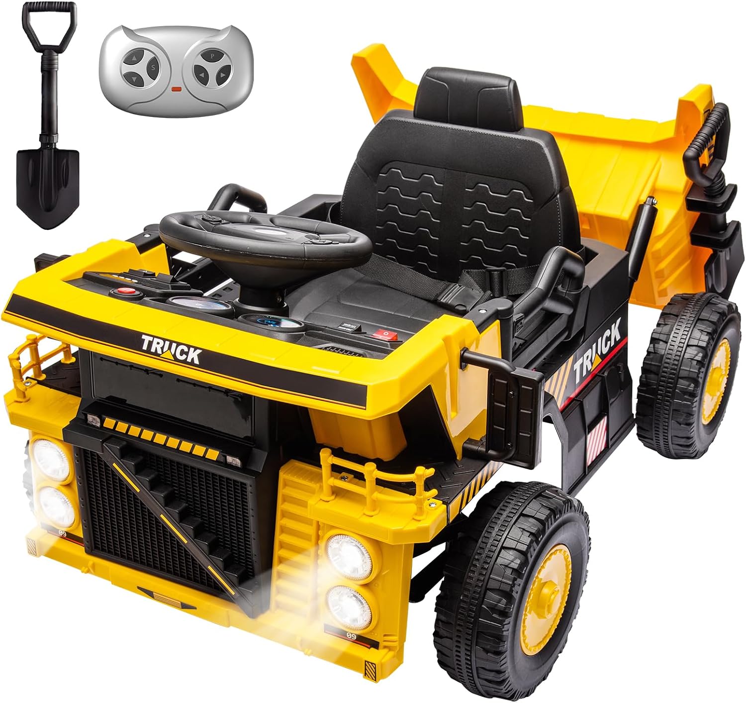 Ride on Dump Truck, 12v Ride on Construction Car for Kids with Remote Control,Electric Dump Bed and Extra Shovel, Construction Truck,Music Player, LED Lights for Toddlers-Yellow