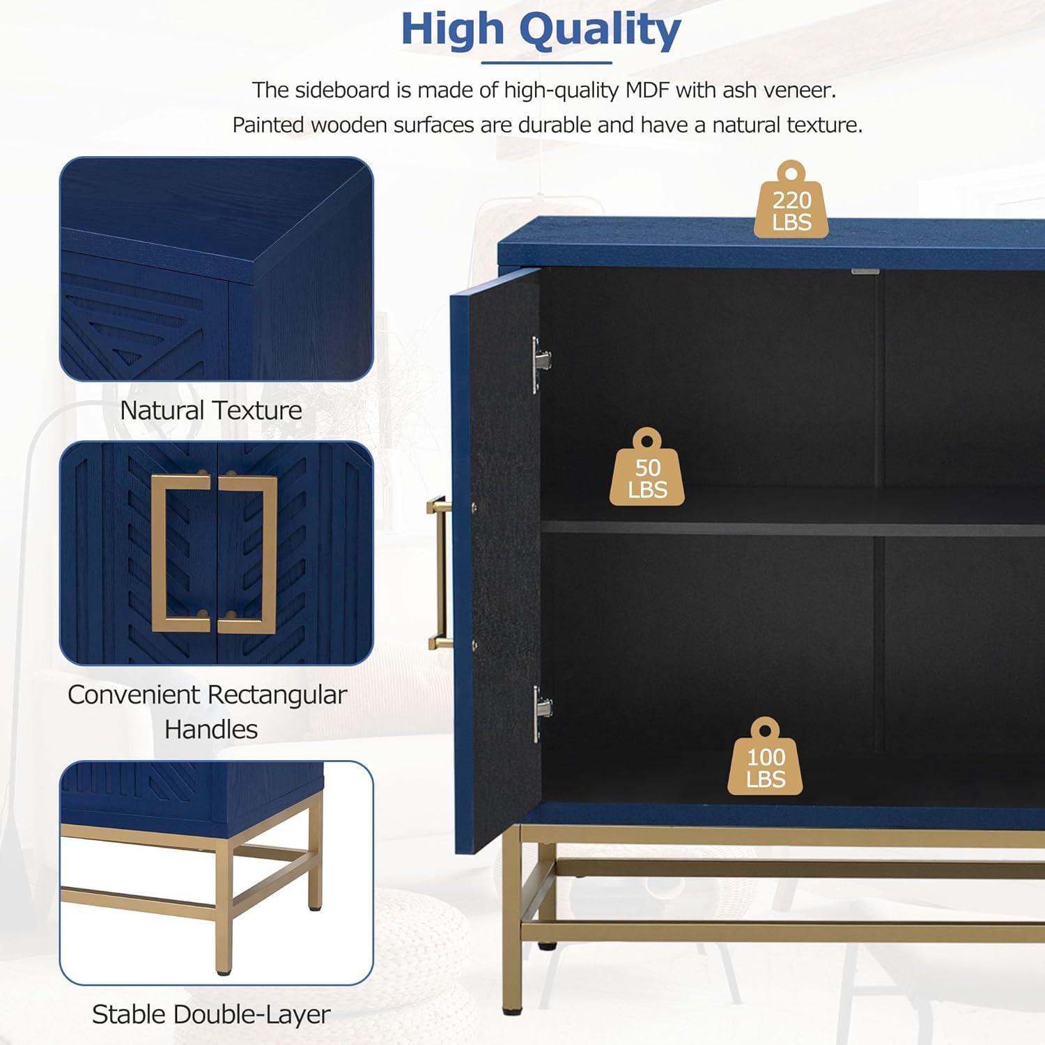Virubi 60' Sideboard Buffet Cabinet with Storage,Doors& Gold Handles, Wood Modern Sideboard Accent Cabinet,Console Table for Living Room,Hallway,Entryway (Navy Blue)