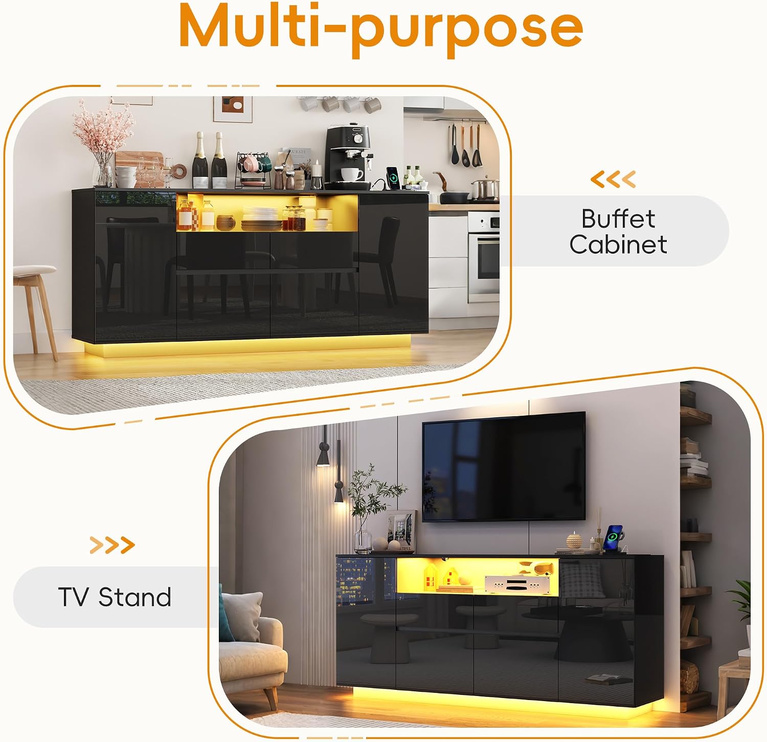 70 Inch Sideboard Buffet Cabinet with Storage, Kitchen Buffet Storage Cabinet with Power Outlets & LED Light, Coffee Bar Console Wine Bar with 2 Drawers & Door Shelves for Living Room, Kitchen, Black