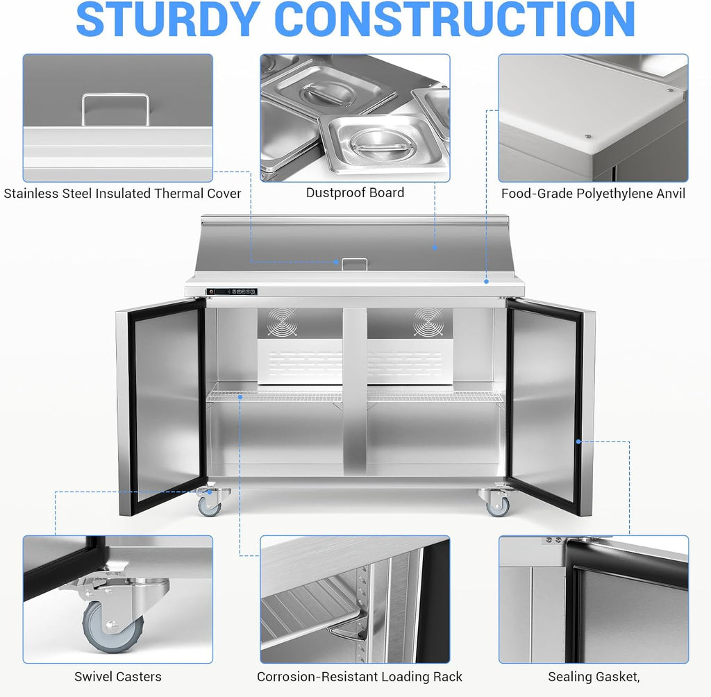 GarveeLife Commercial 48' Sandwich & Salad Prep Refrigerator - Stainless Steel Double Door Undercounter Fridge with 12 Food Pans, Cooling Counter, Cutting Board Worktop, Adjustable Shelf, 12.9 cu. ft