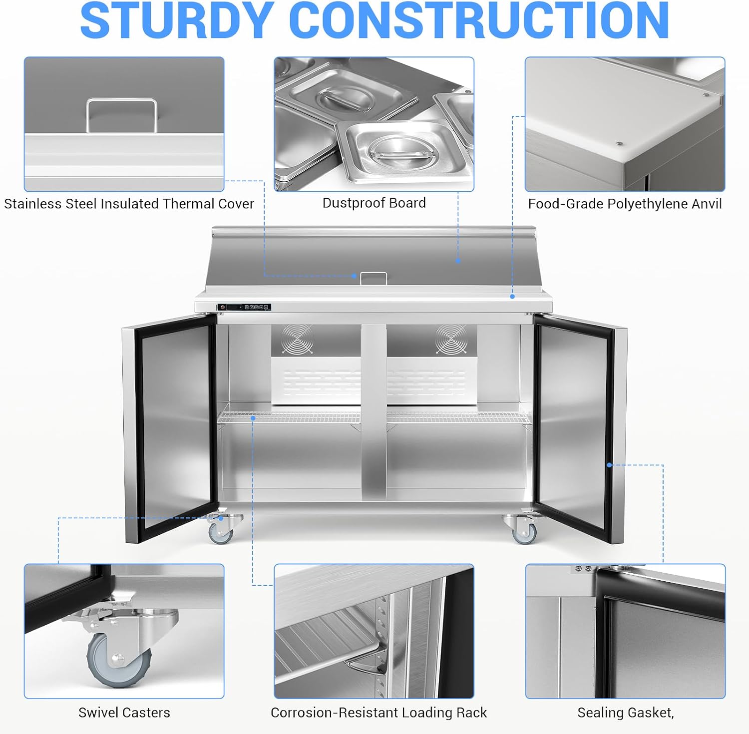 GarveeLife Commercial 48' Sandwich & Salad Prep Refrigerator - Stainless Steel Double Door Undercounter Fridge with 12 Food Pans, Cooling Counter, Cutting Board Worktop, Adjustable Shelf, 12.9 cu. ft