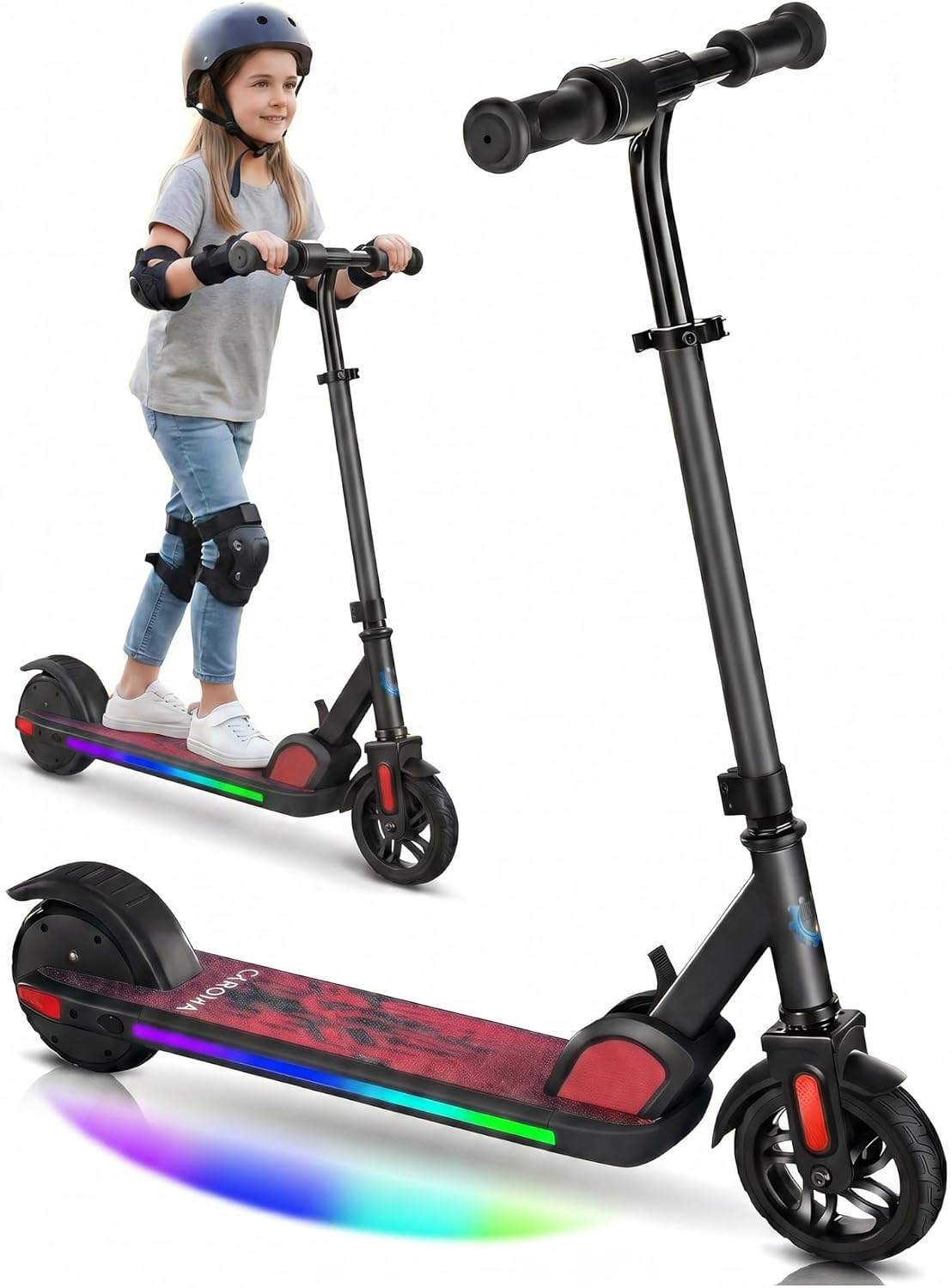 Caroma E35 Kids Electric Scooter for Ages 8-12, 150W Motor Up to 7 Miles Range & 10 MPH Speed, LED Display, Colorful Rainbow Lights, Adjustable Height, Foldable & Lightweight Design