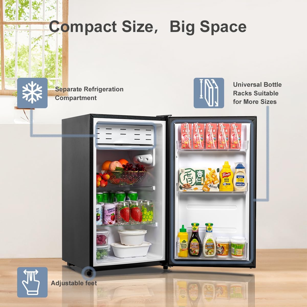 3.2 Cu.Ft Mini Fridge for Bedroom, Small Refrigerator with Single Door & 7 Level Adjustable Thermostat, Mini Fridge for Office, Dorm, Apartment, Black