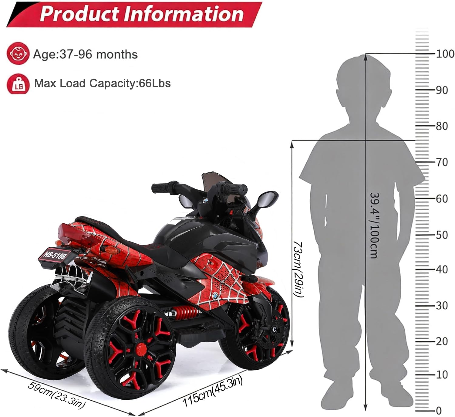 12V Kids Electric Motorcycle with Training Wheels | Plastic, PU seat, manual throttle, foot brake, USB, MP3, phone link, light-up wheels, ages 3-6, 45.3 W x 23.2 D x 28.7 H in