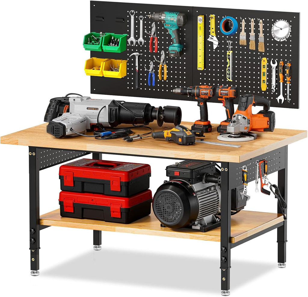 60' Adjustable Height Workbench Work Bench for Garage Work Table with Under Table Shelf Heavy Duty Rubber Wood Top for Shop Woodworking, Office, Home, Commercial