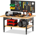 60' Adjustable Height Workbench Work Bench for Garage Work Table with Under Table Shelf Heavy Duty Rubber Wood Top for Shop Woodworking, Office, Home, Commercial