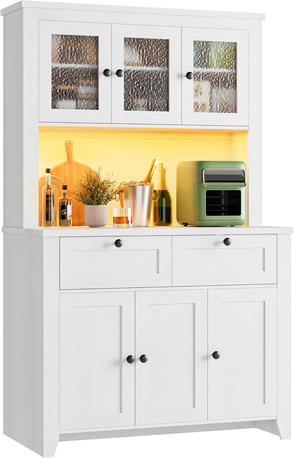 Pantry Cabinet with Charging Station, Farmhouse Kitchen Pantry Storage Cabinet with Countertop, Large Kitchen Hutch with Storage Drawers and Adjustable Shelves & Water Ripple Design for Dining Room,