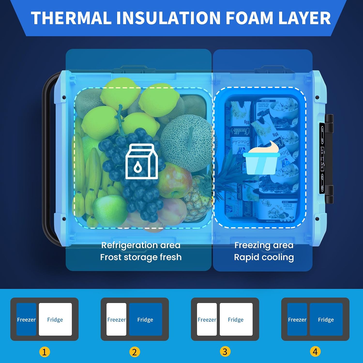 Car Refrigerator Fridge 48 Quart 45L Portable Freezer -4℉~68℉ Dual Zone Telescopic Handle All-Terrain Wheels Reversible Door 12/24V DC,110~240 Volt AC Compressor Cooler Blue