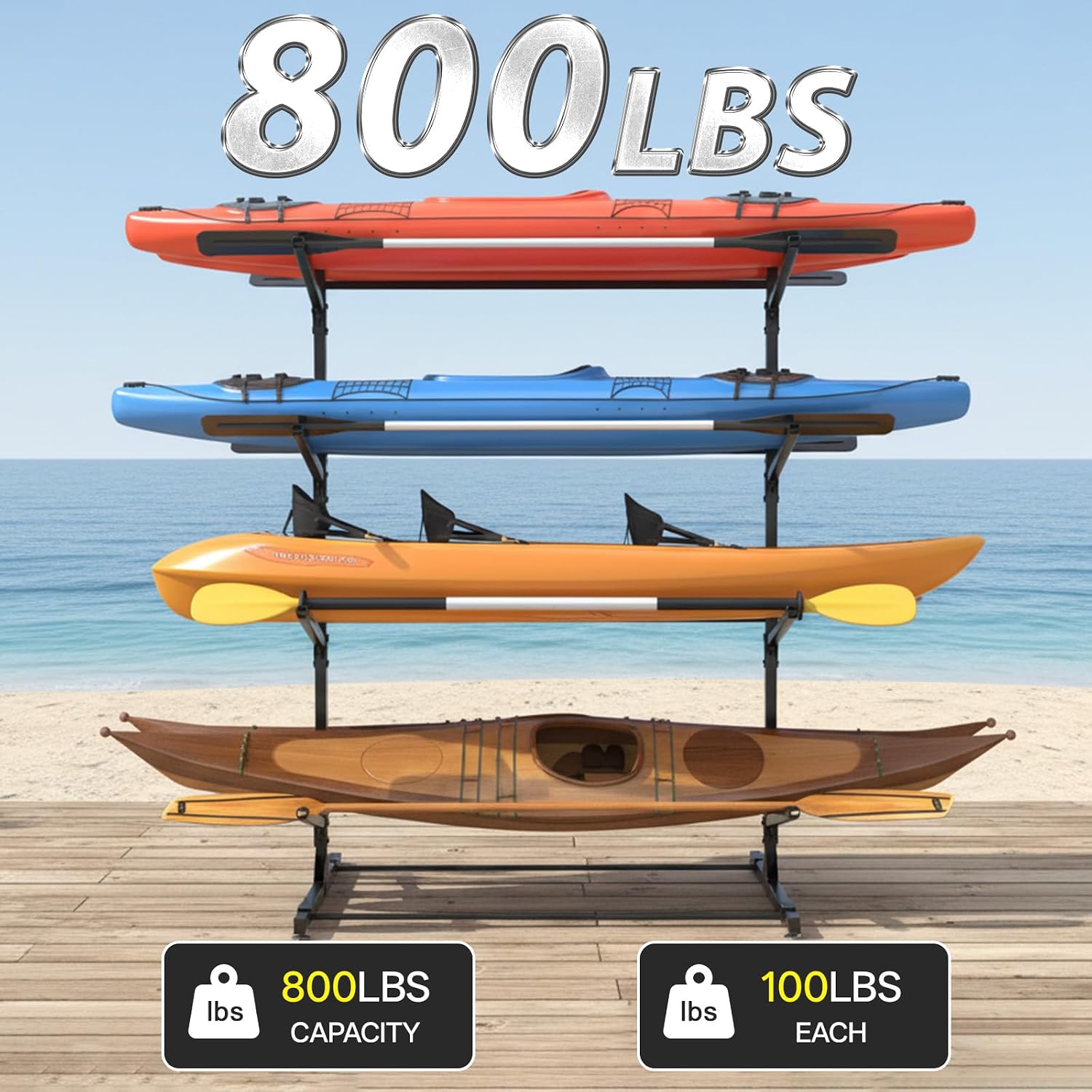 LotFun Kayak Storage Rack, Freestanding Heavy Duty Adjustable Kayak Stand Indoor Outdoor Storage Rack Garage, with Wheels and Foot Pad, for Kayaks, SUPs, Canoes, Surfboard (4 Levels for 8 Kayaks)