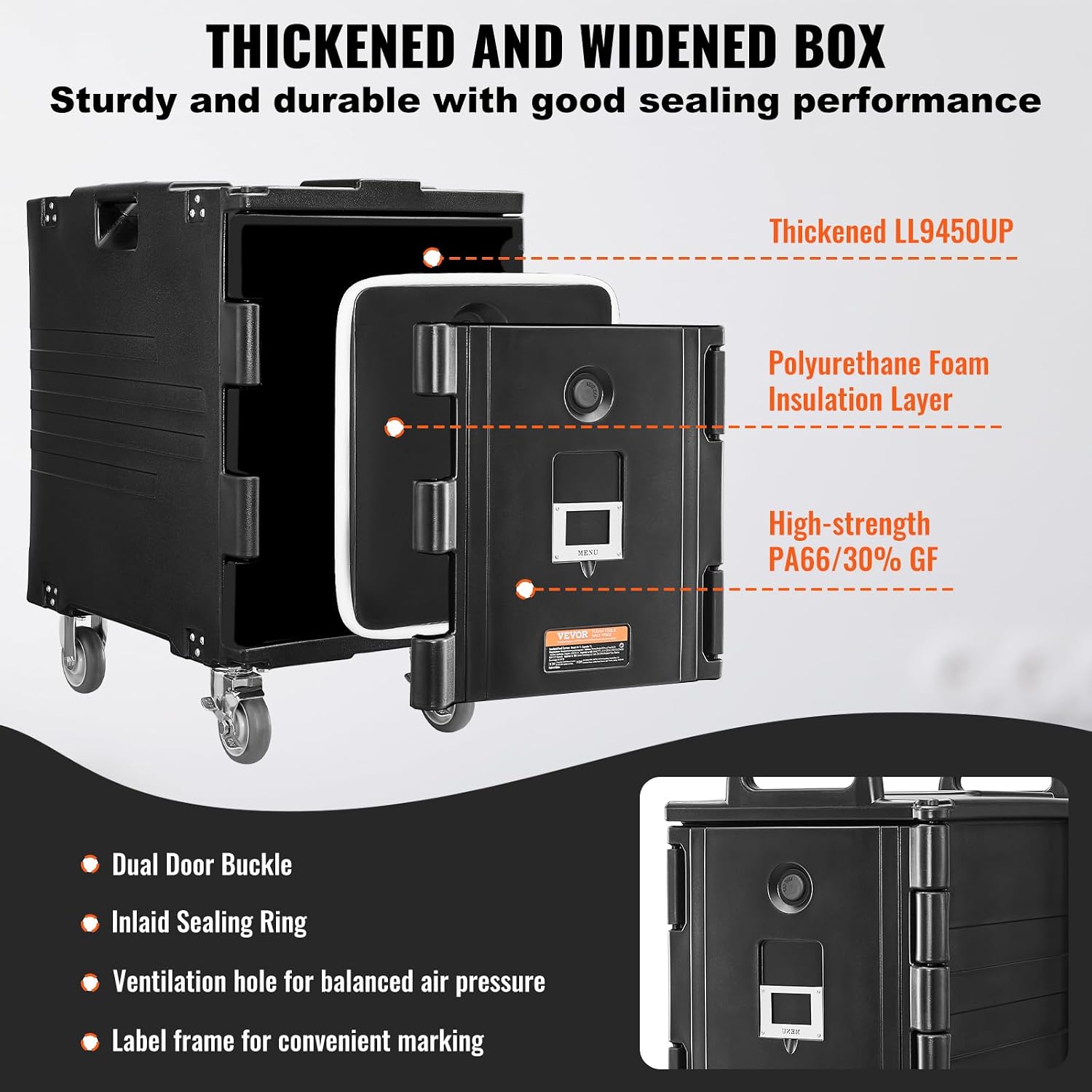 VEVOR Insulated Food Pan Carrier, 95 Qt Hot Box for Catering, LLDPE Food Box Carrier w/One-Piece Buckle, Front Loading Food Warmer w/Handles, End Loader w/Wheels for Restaurant, Canteen, etc. Black