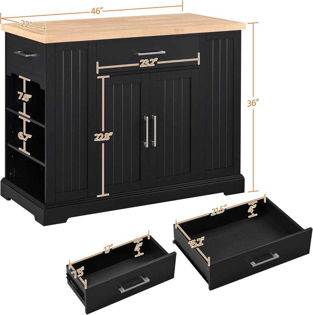 Yaheetech Kitchen Island on Hidden Wheels, Rolling Kitchen Cart with Thicker Rubberwood Top & 3 Drawers & Open Shelves, Storage Cabinet with Adjustable Shelves for Dining Room, 46″L × 22″W, Black