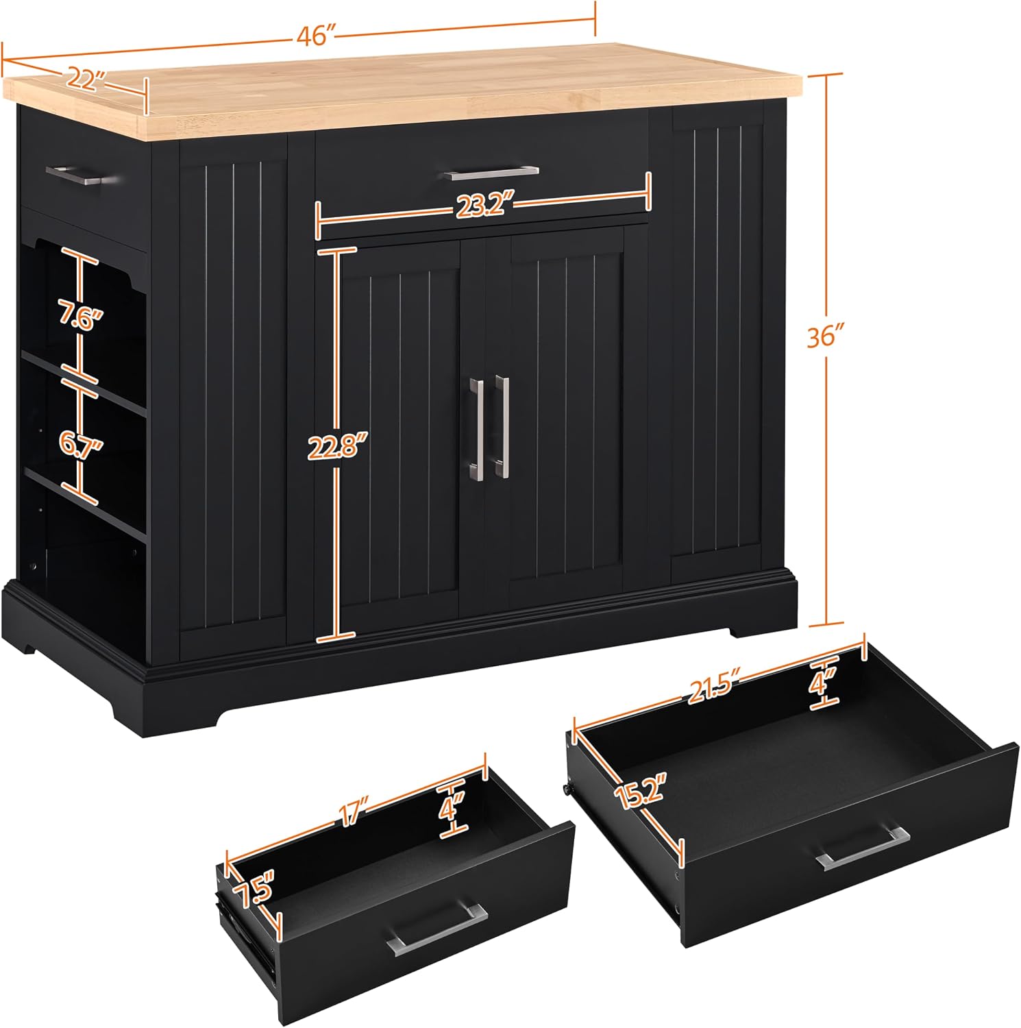 Yaheetech Kitchen Island on Hidden Wheels, Rolling Kitchen Cart with Thicker Rubberwood Top & 3 Drawers & Open Shelves, Storage Cabinet with Adjustable Shelves for Dining Room, 46″L × 22″W, Black
