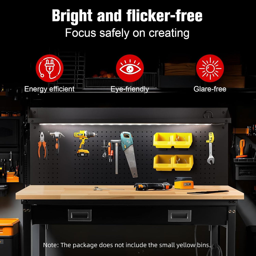 60' Workbench with Drawers, Work Benches for Garage with Strip Light, Adjustable Work Table with Large Pegboard, 2000 LBS Heavy Duty Table with Power Outlet Rubber Wood for Garage, Office