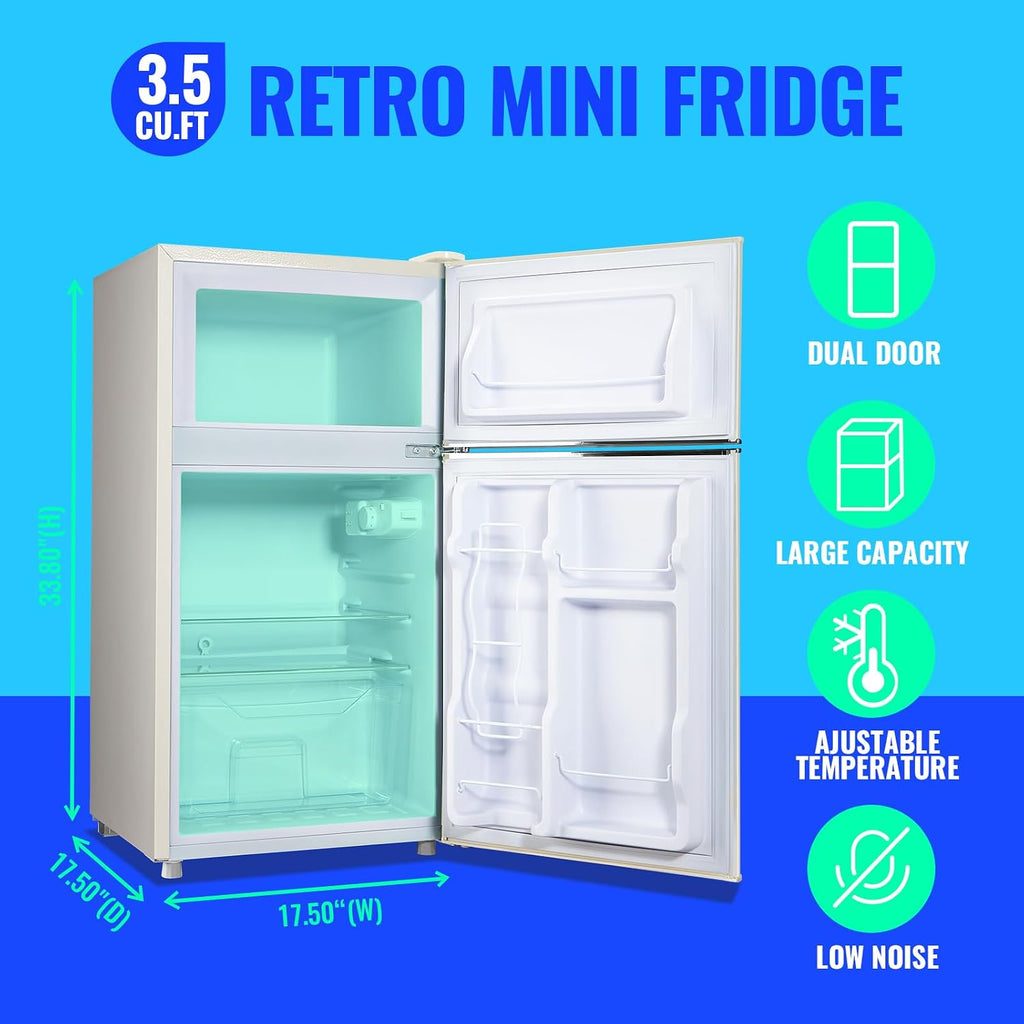 Mini Refrigerator with Freezer Small Fridge Double Door Side Drink Holder Adjustable Glass Shelves, Plastic Crisper, 7 Level Temperature Control for Bedroom, Office, Apartment White