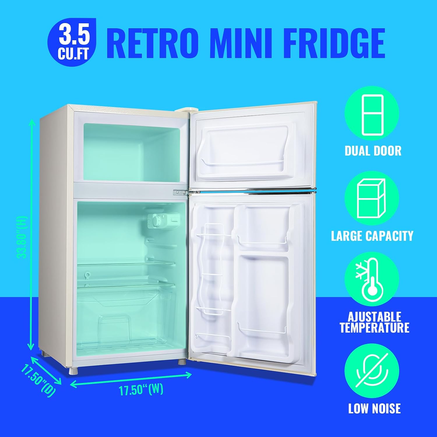 Mini Refrigerator with Freezer Small Fridge Double Door Side Drink Holder Adjustable Glass Shelves, Plastic Crisper, 7 Level Temperature Control for Bedroom, Office, Apartment White