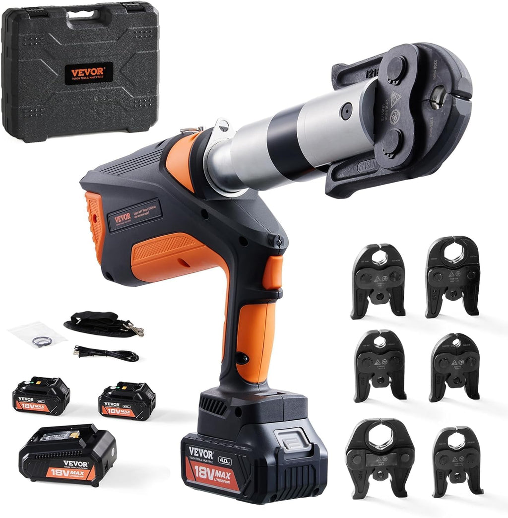 VEVOR 18V Press Tool, 32KN Electric Pipe Crimping Tool for 1/2' to 2' Copper Pipes, 360° Rotation Automatic Crimper with Brushless Motor & 6 Jaws - Compatible with ProPress