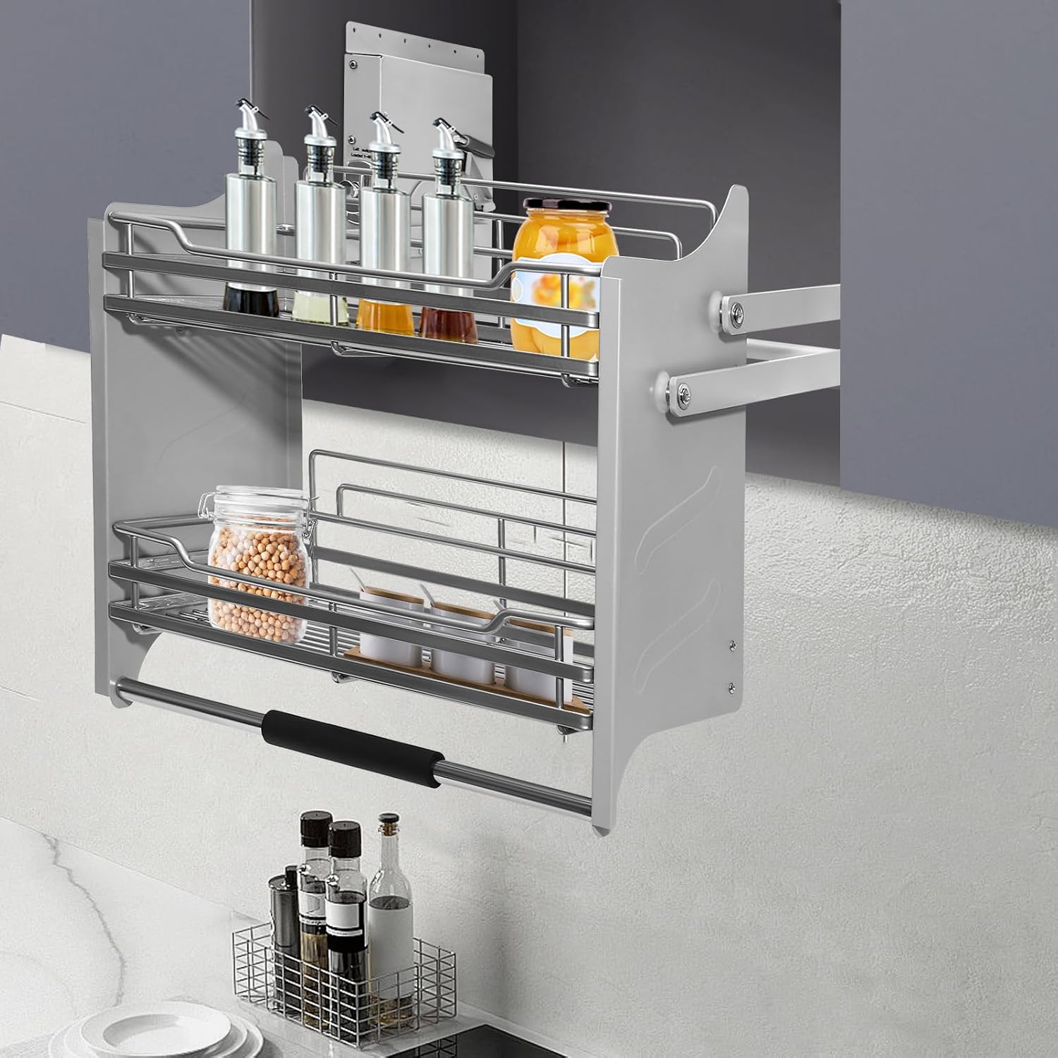 Pull-Down Cabinet Organizer, 2 Tier Pull down Shelf for Kitchen Upper Cabinet, Pull-Out Rack System Inner Space Saving Plate for Kitchen Appliance Lift Upper Cabinet, 22 Inch Width