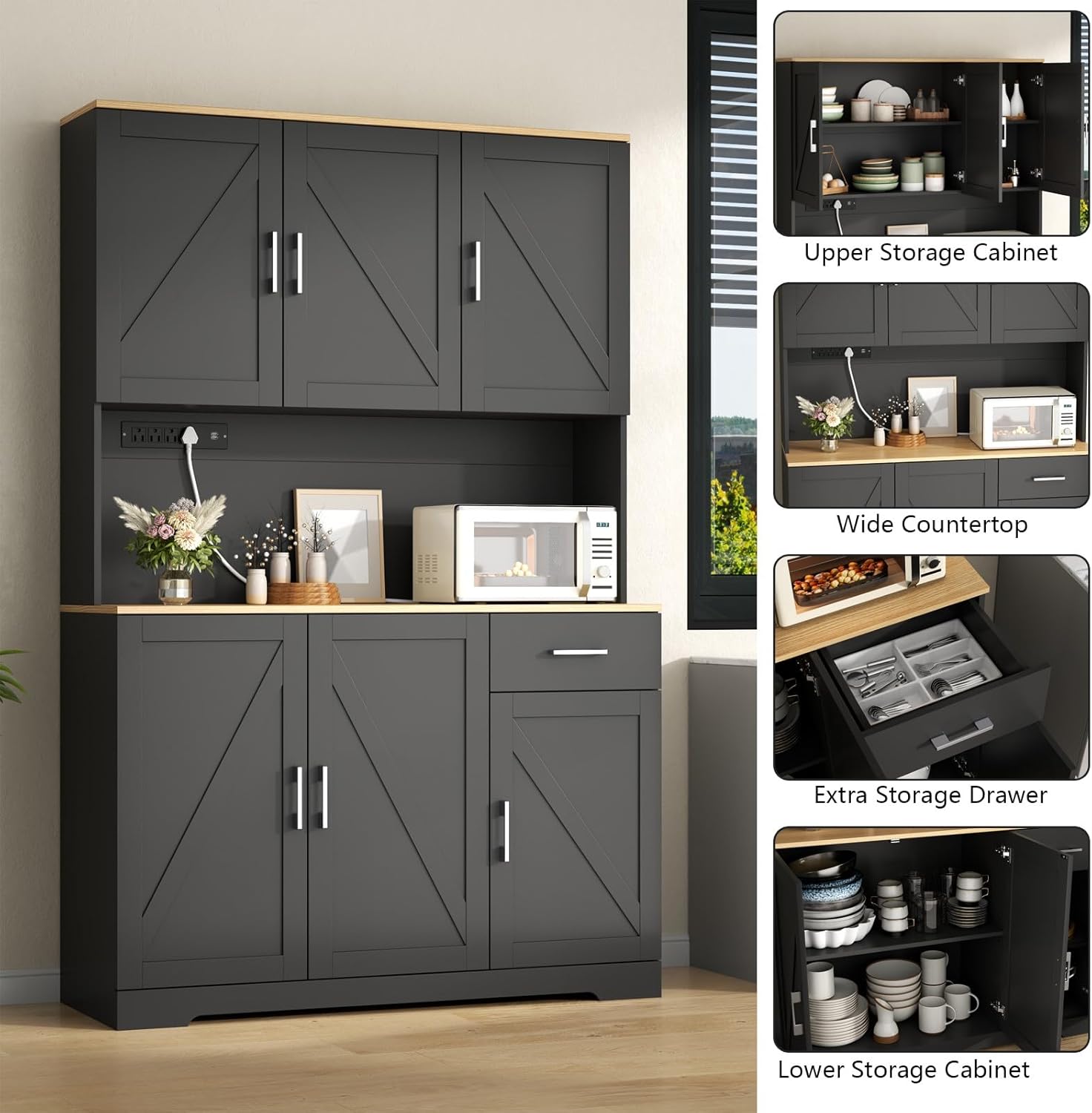 71' Tall Kitchen Pantry Storage Cabinet with Charging Station,Farmhouse Buffet Cabinet with Microwave Shelf,Large Kitchen Hutch Cabinet Doors & Drawer,Food Pantry for Dining Room,Living Room (Black)
