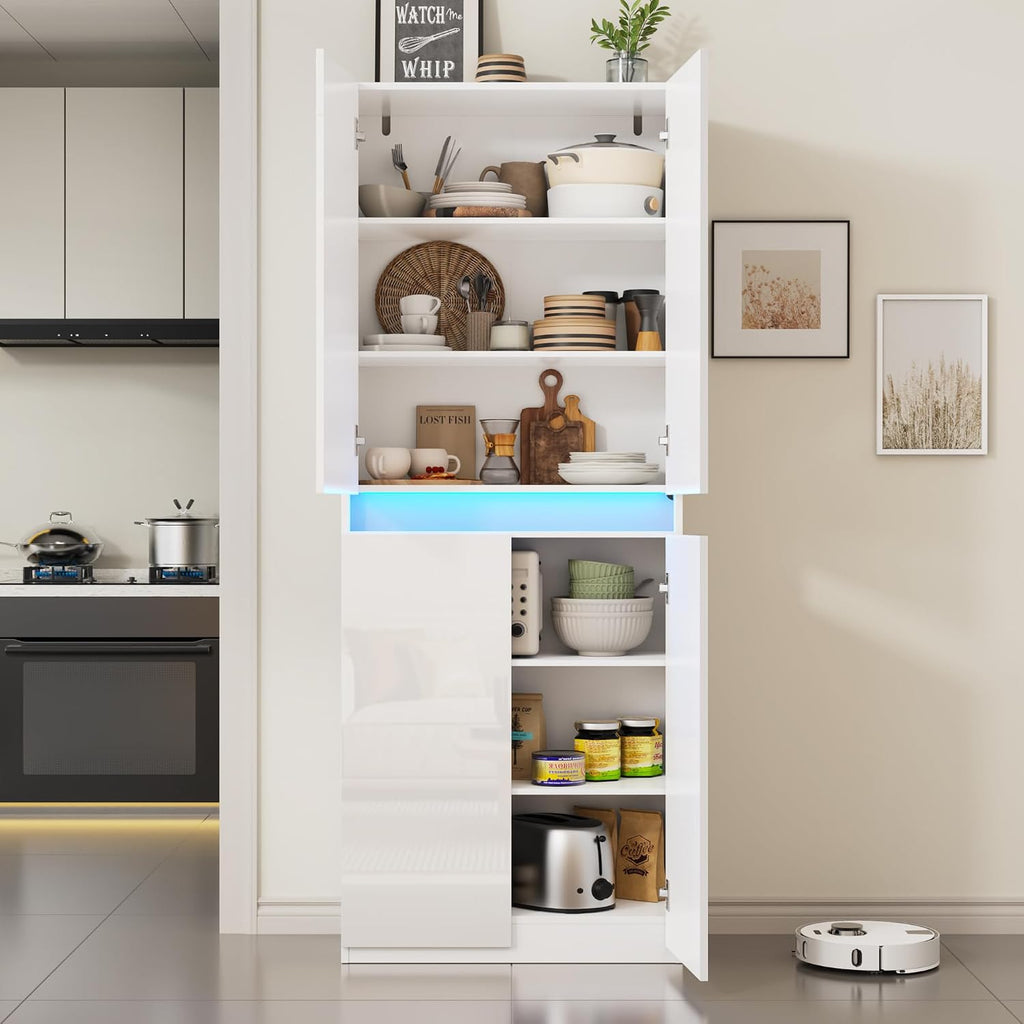 Furnify 71' Tall Pantry Storage Cabinet, Kitchen Pantry with High Gloss Doors, Modern Buffet Hutch Cabinet with Led Light and Adjustable Shelves for Dining Room, Living Room, White