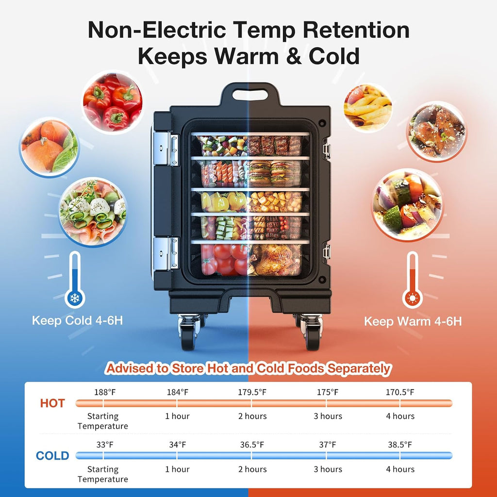 NEEDONE Food Warmer, 81 Qt Hot Box LLDPE Insulated Food Pan Carrier for Hot/Cold Food, w/Double Buckles, Lockable Wheels, Handles, Stackable Design, for Catering Restaurant Camping Family Party