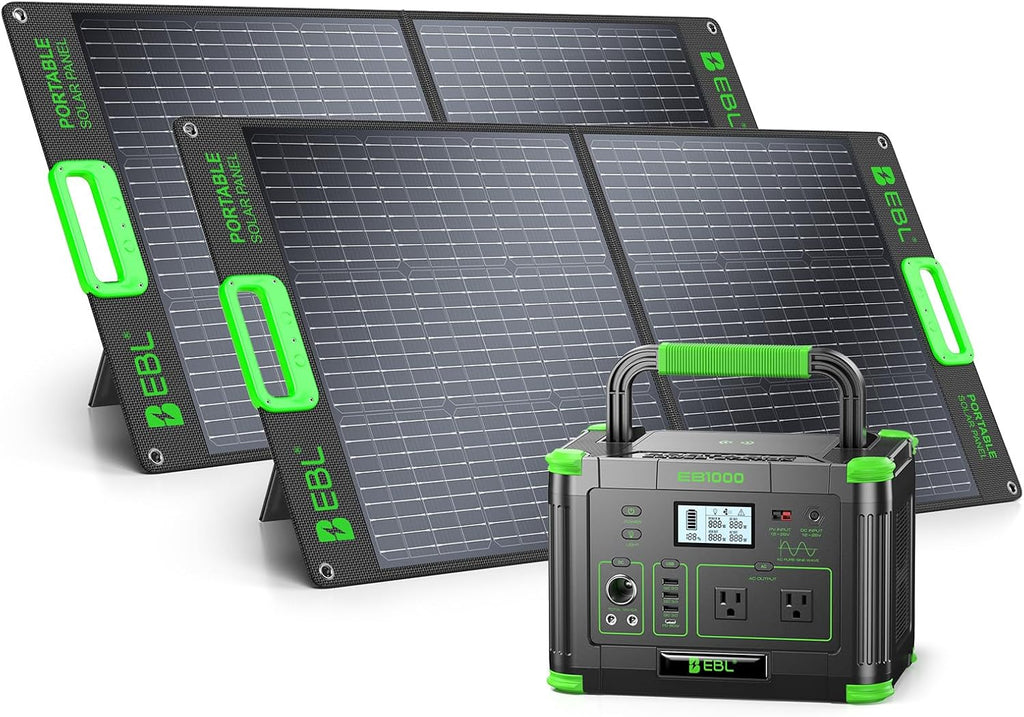 EBL 1000W Portable Power Station With 2x 100W Solar Panels, 999Wh Backup Lithium Battery, Pure Sine Wave AC Outlet, 60W PD Fast Charge Solar Generator Set for Outdoor Emergency Camping Travel Off-grid