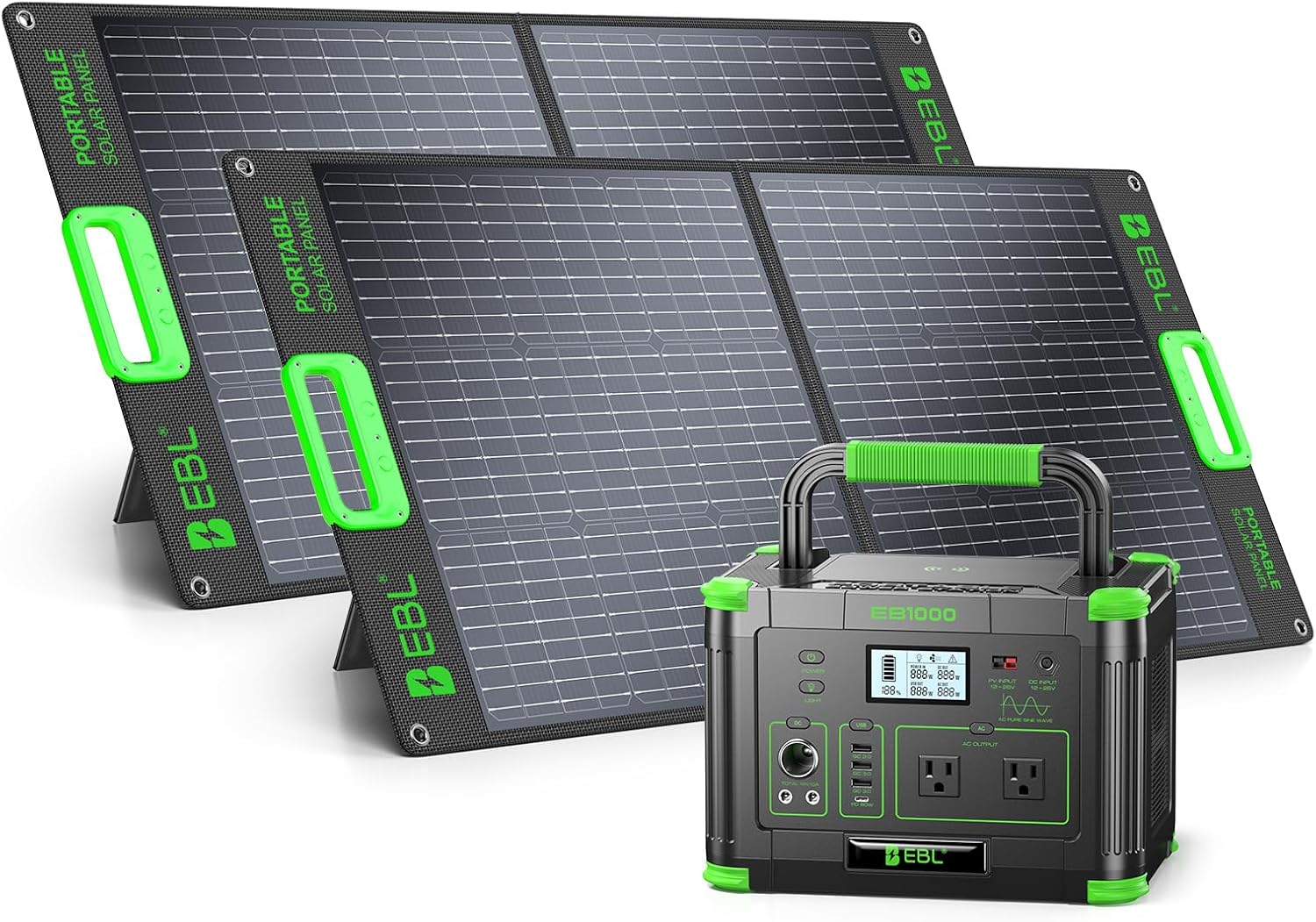 EBL 1000W Portable Power Station With 2x 100W Solar Panels, 999Wh Backup Lithium Battery, Pure Sine Wave AC Outlet, 60W PD Fast Charge Solar Generator Set for Outdoor Emergency Camping Travel Off-grid