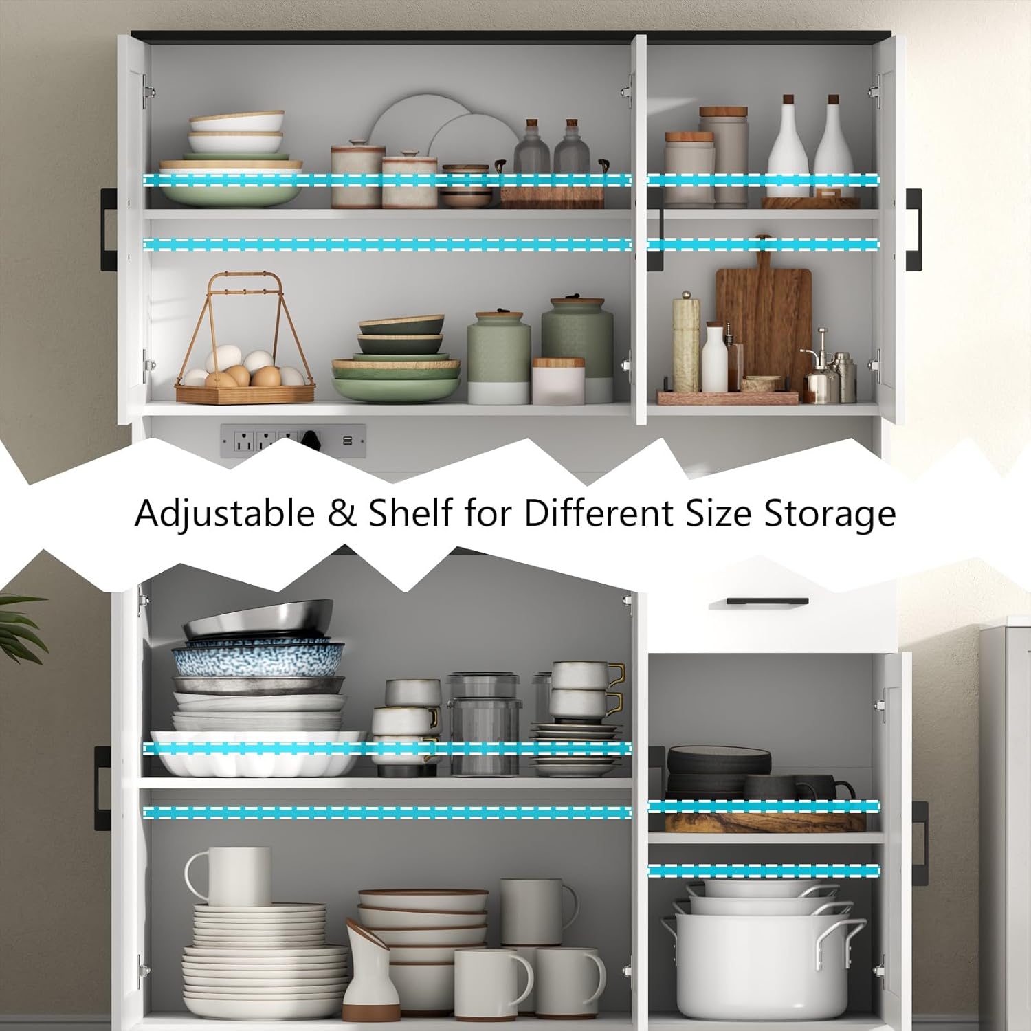 71' Tall Kitchen Pantry Storage Cabinet with Charging Station,Farmhouse Buffet Cabinet with Microwave Shelf,Large Kitchen Hutch Cabinet Doors & Drawer,Food Pantry for Dining Room,Living Room (White)