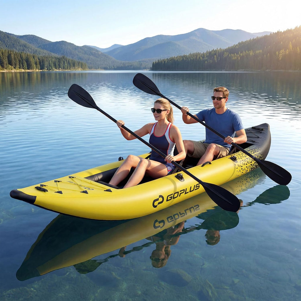 Goplus Tandem Inflatable Kayak, 12.5FT 2-Person Kayak for Adults w/507 LBS Weight Capacity, 2 Aluminium Oars, Padded Seat, 2 Fins, Hand Pump, Carry Bag, Repair Kit, Portable Touring Kayaks