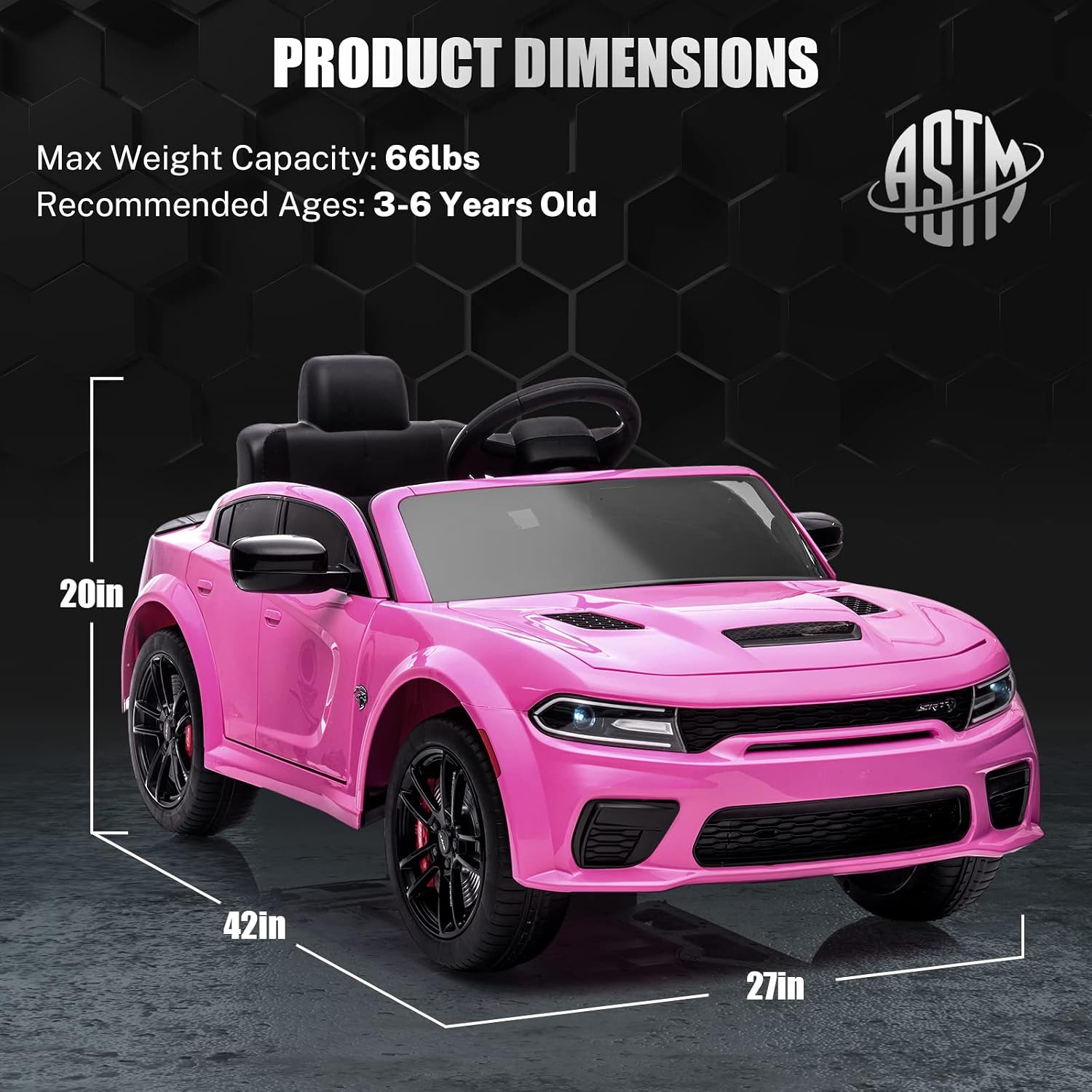 ENYOPRO 12V Dodge Charger SRT Kids Ride On Car w/Parent Remote Control, Electric Power Car Ride On Toy w/4-Wheel Suspension, 3 Speeds, LED Lights, Music Player, Battery Car Gift for Kids Girls, Pink