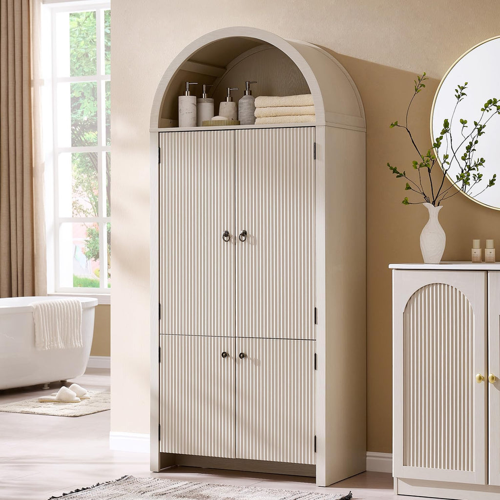IFBUY 71' Tall Arched Bathroom Storage Cabinet, Modern Fluted Storage Cabinet w/Doors, 3 Adjustable Shelves, 6 Door Shelves, Wood Freestanding Cabinet for Bathroom, Entryway, Hallway, Cream
