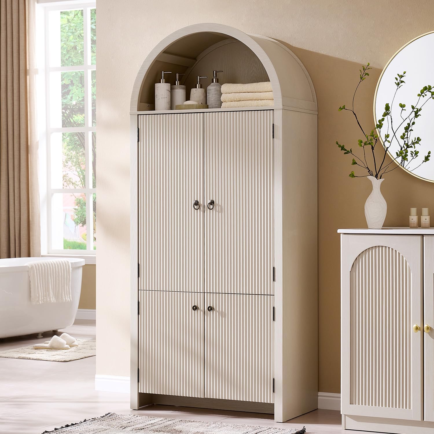 IFBUY 71' Tall Arched Bathroom Storage Cabinet, Modern Fluted Storage Cabinet w/Doors, 3 Adjustable Shelves, 6 Door Shelves, Wood Freestanding Cabinet for Bathroom, Entryway, Hallway, Cream