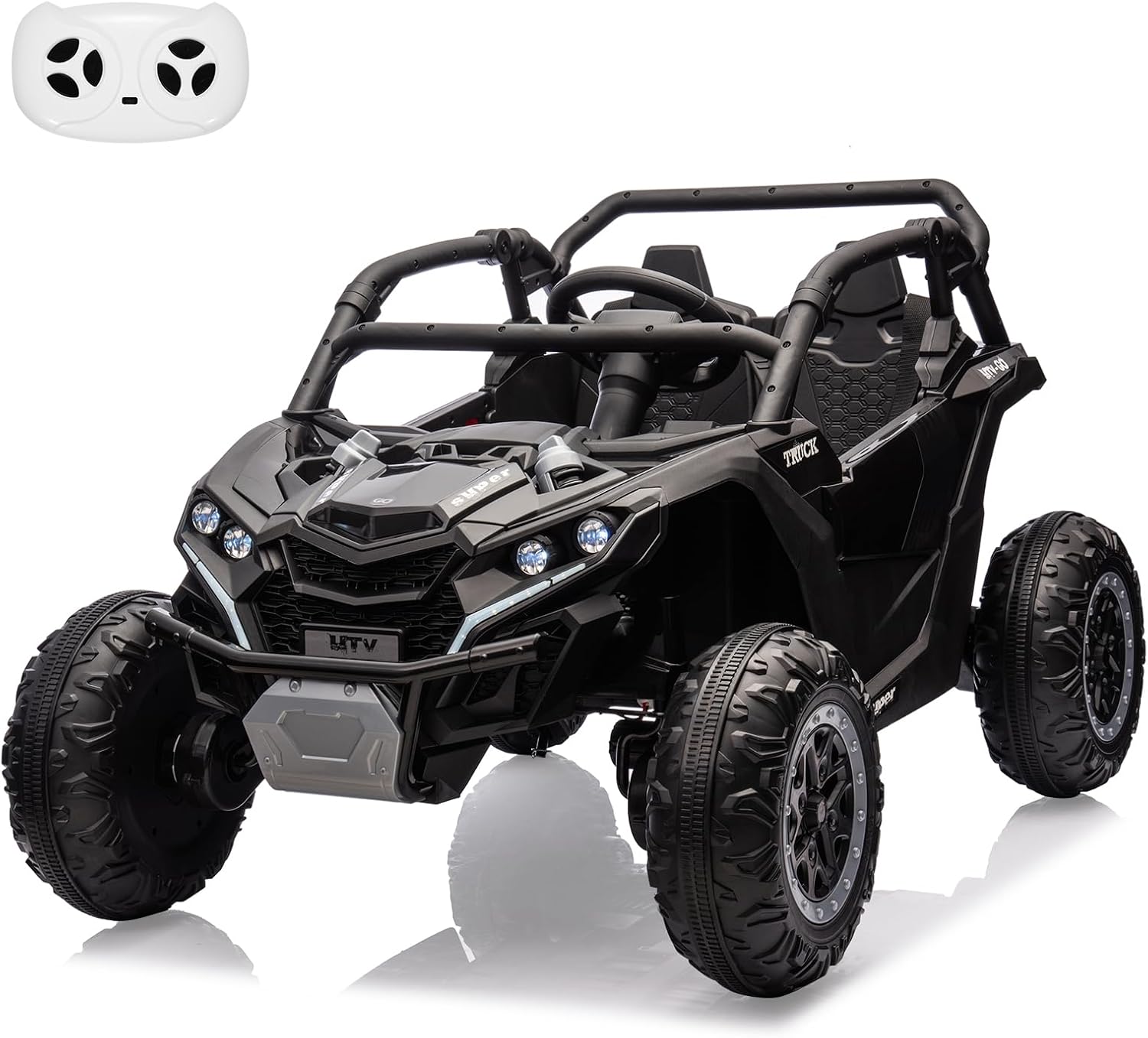 GarveeLife 24V Ride On Utv for Kids, 2 Seater 4WD Electric Truck with Remote Control, High and Low Speed Adjustment, Led Lights, 4-Wheel Shock Absorption, One Click Start, Music Player(Black)