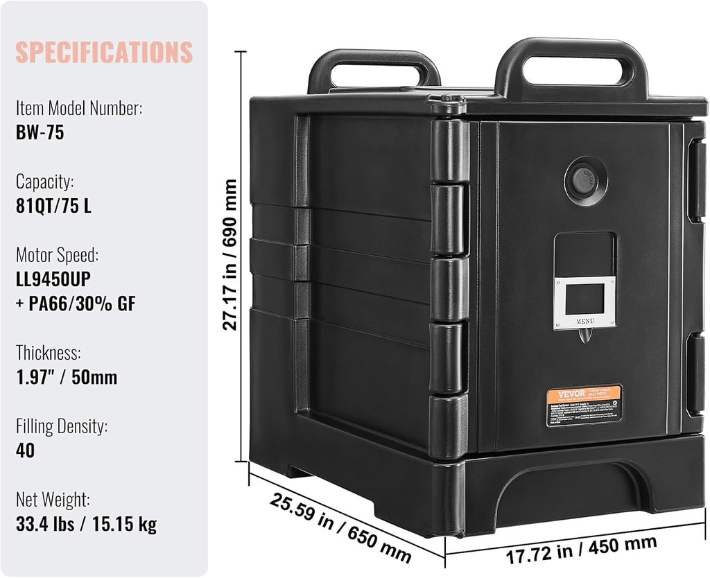 VEVOR Insulated Food Pan Carrier, 81 Qt Hot Box for Catering, Food Box Carrier with Double Buckles, Front Loading Food Warmer with Handles, Stackable End Loader for Restaurant, Canteen