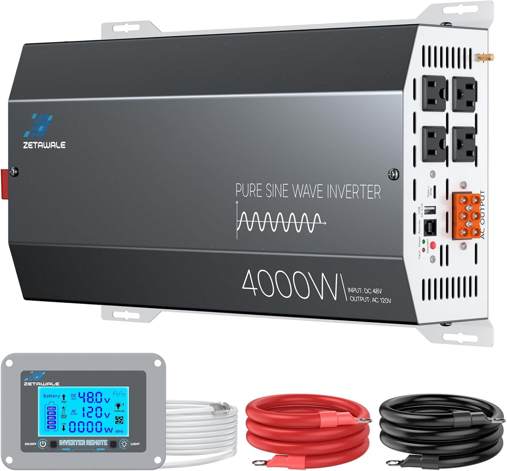 4000W Pure Sine Wave Inverter 48V DC to 110V/120V AC Converter, 8000W Peak, High-Efficiency Off-Grid Power Inverter for Solar System, 4 AC Outlets, USB & Type-C, LCD Remote Control