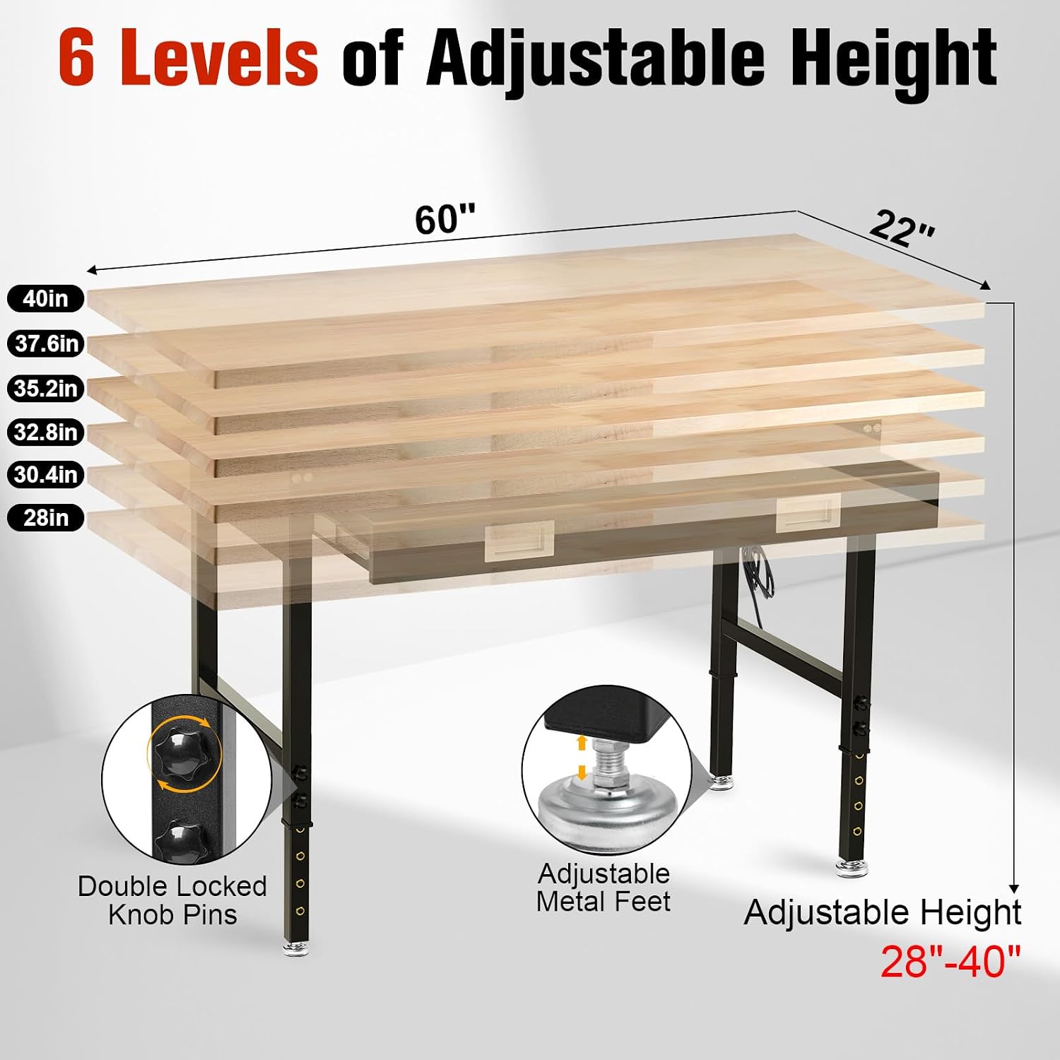 60' Workbench with Drawers, Work Benches for Garage with Strip Light, Adjustable Work Table with Large Pegboard, 2000 LBS Heavy Duty Table with Power Outlet Rubber Wood for Garage, Office