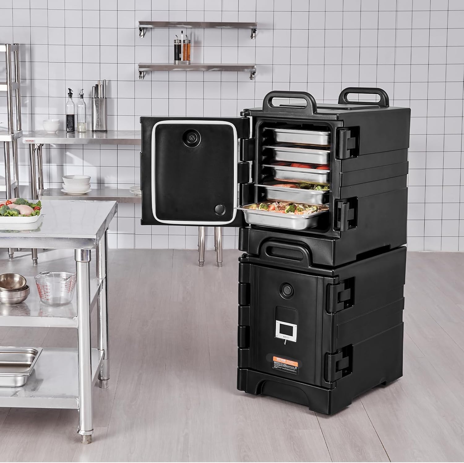 VEVOR Insulated Food Pan Carrier, 81 Qt x 2 Pack Hot Box for Catering, Food Box Carrier with Double Buckles, Front Loading Food Warmer with Handles, Stackable End Loader for Restaurant, Canteen