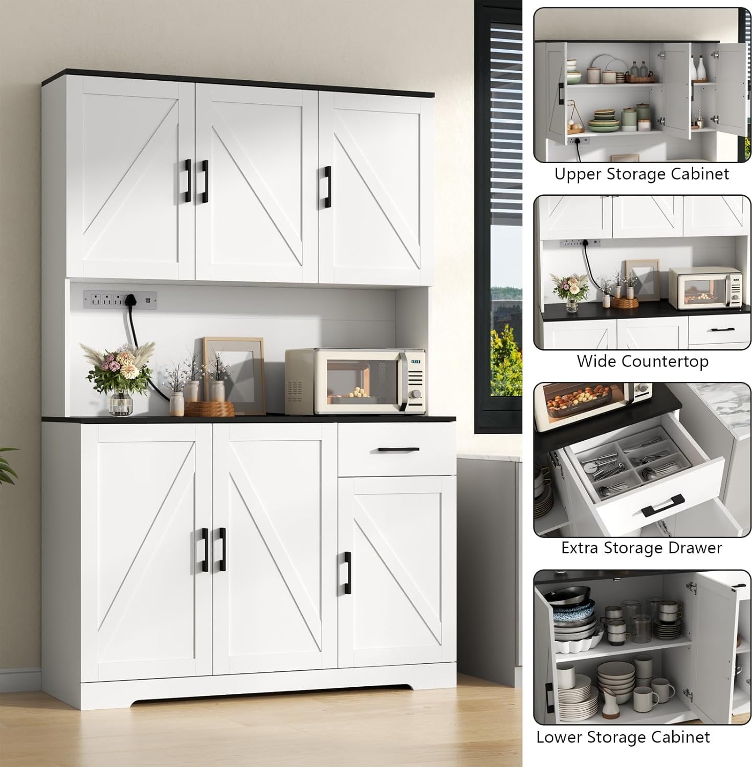 71' Tall Kitchen Pantry Storage Cabinet with Charging Station,Farmhouse Buffet Cabinet with Microwave Shelf,Large Kitchen Hutch Cabinet Doors & Drawer,Food Pantry for Dining Room,Living Room (White)